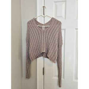 Sadie & Sage Mauve Taupe Open Knit V-Neck Cropped Sweater Boho